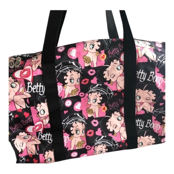 Betty Boop black & pink betty all over logo travel weekender nylon canvas bag - Picture 1 of 12